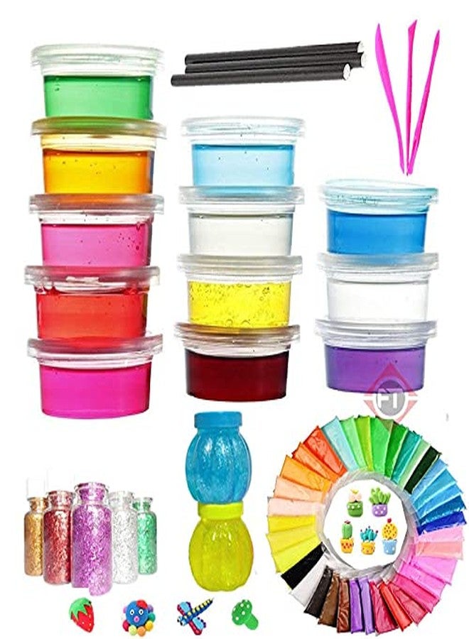 Firstly Traders New Creative Slime Kit with 12 Crystal Slime + 60 Air Dry Clay+ 2 Slime Pot with Free Straws, Tools, Glitter for Kids Boys and Girls Age 3+ Years Slime Putty Toys - Image 1